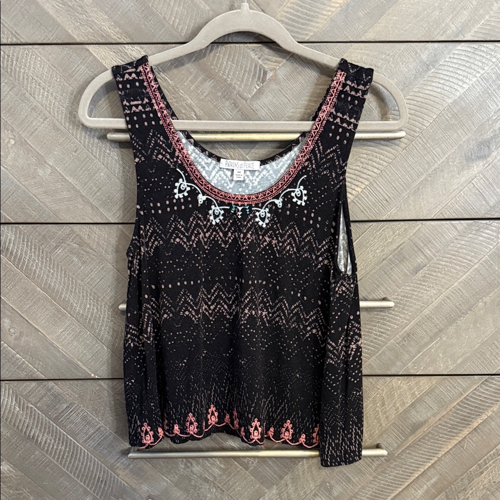 Patrons of Peace Black Tank Top with Pink and White Patterns
